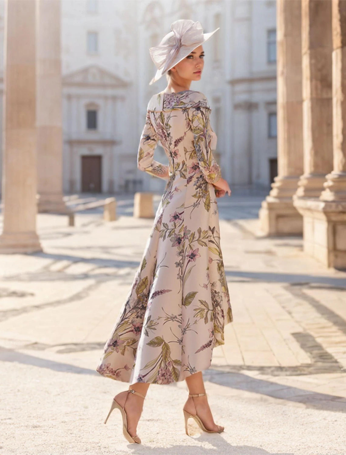 Buyishang A-Line Mother of the Bride Dress Wedding Guest Elegant Vintage V Neck Ankle Length Satin Polyester Short Sleeve with Flower free custom size